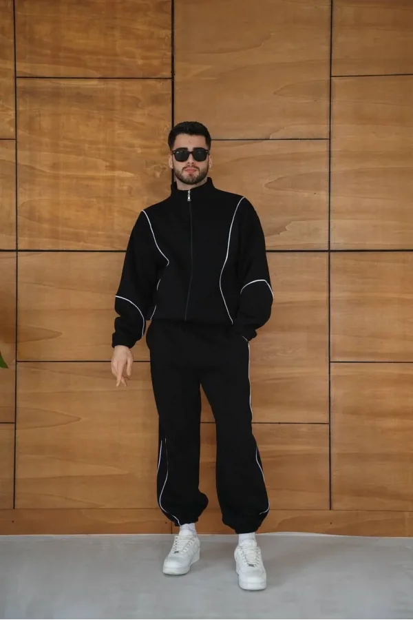 Erkek Premium Parçalı Eşofman Takım - Dik Yaka Fermuarlı Biyeli Sweatshirt Lastik Paça Alt, Oversize 3 iplik Şardonlu - Siyah