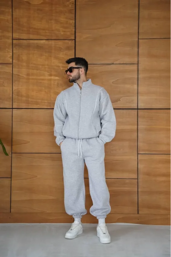 Erkek Premium Parçalı Eşofman Takım - Dik Yaka Fermuarlı Biyeli Sweatshirt Lastik Paça Alt, Oversize 3 iplik Şardonlu - Gri