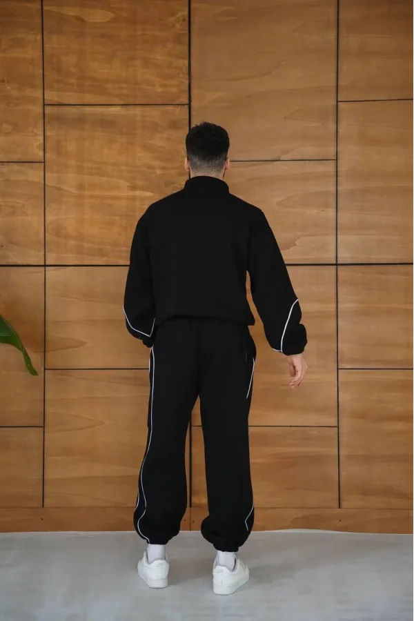 Erkek Premium Parçalı Eşofman Takım - Dik Yaka Fermuarlı Biyeli Sweatshirt Lastik Paça Alt, Oversize 3 iplik Şardonlu - Siyah