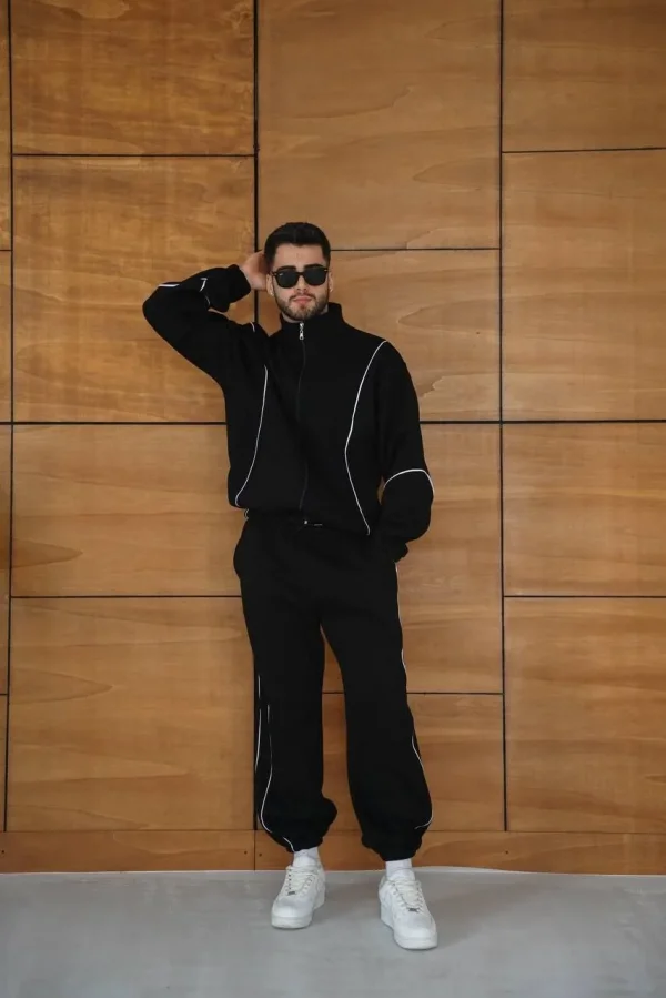 Erkek Premium Parçalı Eşofman Takım - Dik Yaka Fermuarlı Biyeli Sweatshirt Lastik Paça Alt, Oversize 3 iplik Şardonlu - Siyah