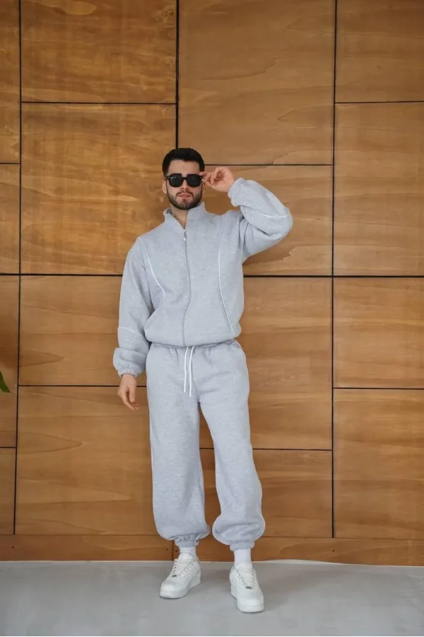 Erkek Premium Parçalı Eşofman Takım - Dik Yaka Fermuarlı Biyeli Sweatshirt Lastik Paça Alt, Oversize 3 iplik Şardonlu - Gri