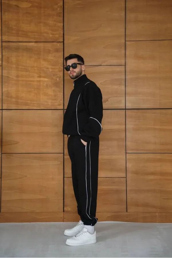 Erkek Premium Parçalı Eşofman Takım - Dik Yaka Fermuarlı Biyeli Sweatshirt Lastik Paça Alt, Oversize 3 iplik Şardonlu - Siyah