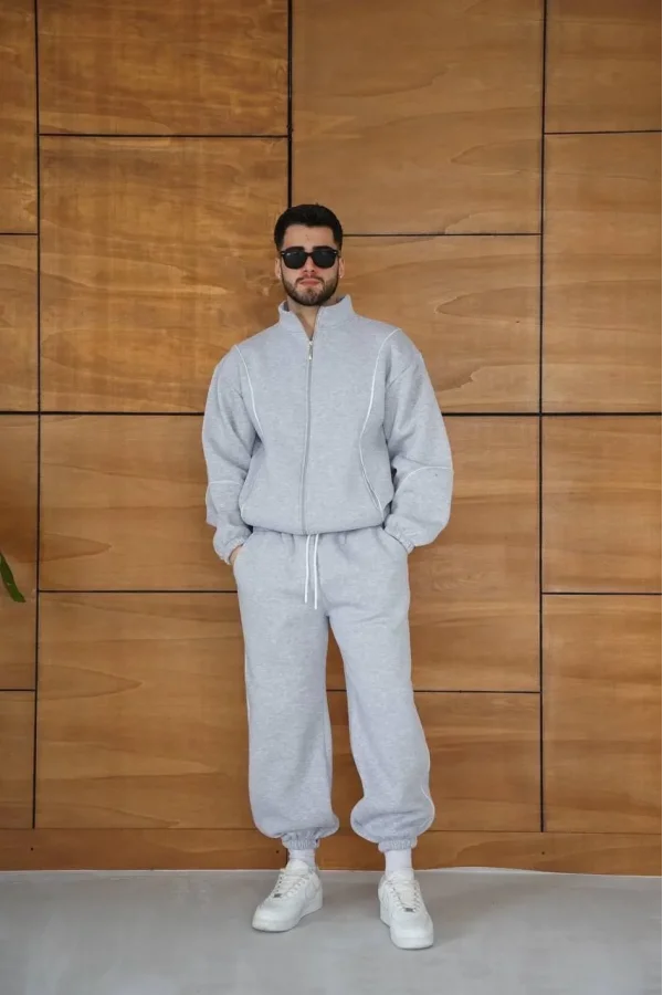 Erkek Premium Parçalı Eşofman Takım - Dik Yaka Fermuarlı Biyeli Sweatshirt Lastik Paça Alt, Oversize 3 iplik Şardonlu - Gri