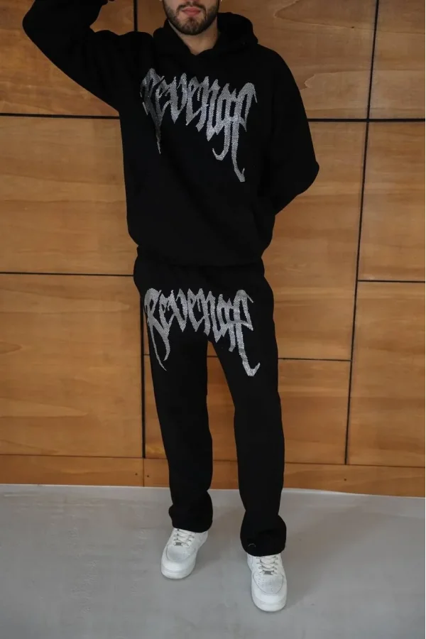 Erkek Premium Taş Baskılı Eşofman Takım Revenge Model (Siyah) Kapüşonlu Üst + Taşlı Baskılı Alt Modern Streetwear Tarzı Oversize Rahat Kalıp 3 iplik Pamuklu - Siyah