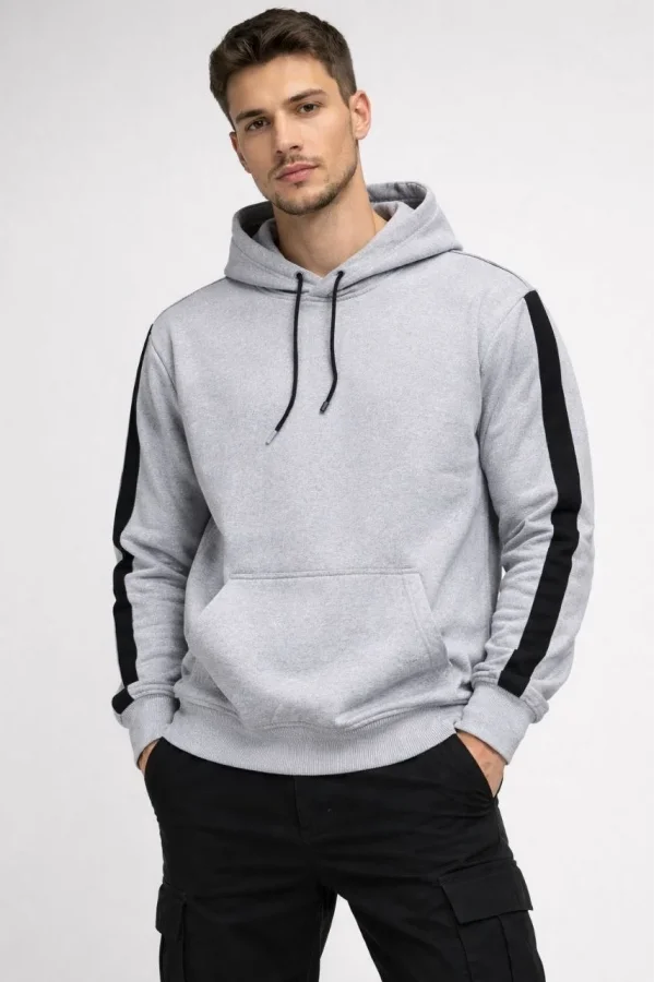 Erkek Şeritli Kapüşonlu Sweatshirt Oversize 3 iplik Pamuklu - Beyaz