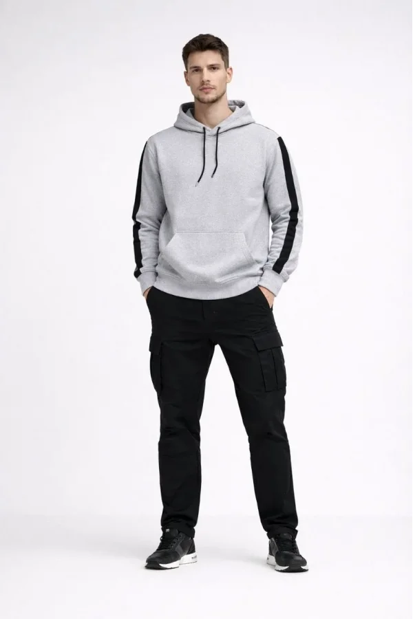 Erkek Şeritli Kapüşonlu Sweatshirt Oversize 3 iplik Pamuklu - Beyaz