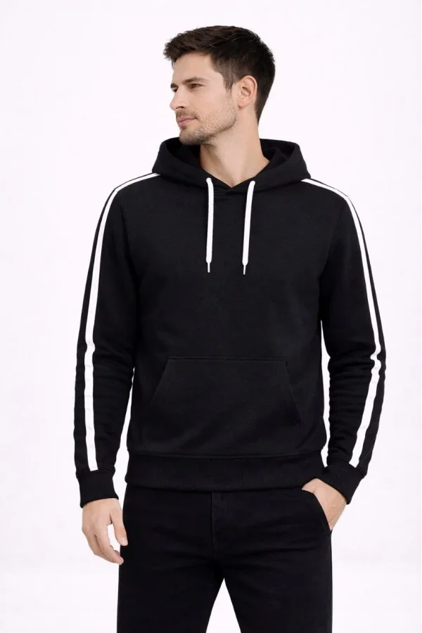 Erkek Şeritli Kapüşonlu Sweatshirt Oversize 3 iplik Pamuklu - Siyah