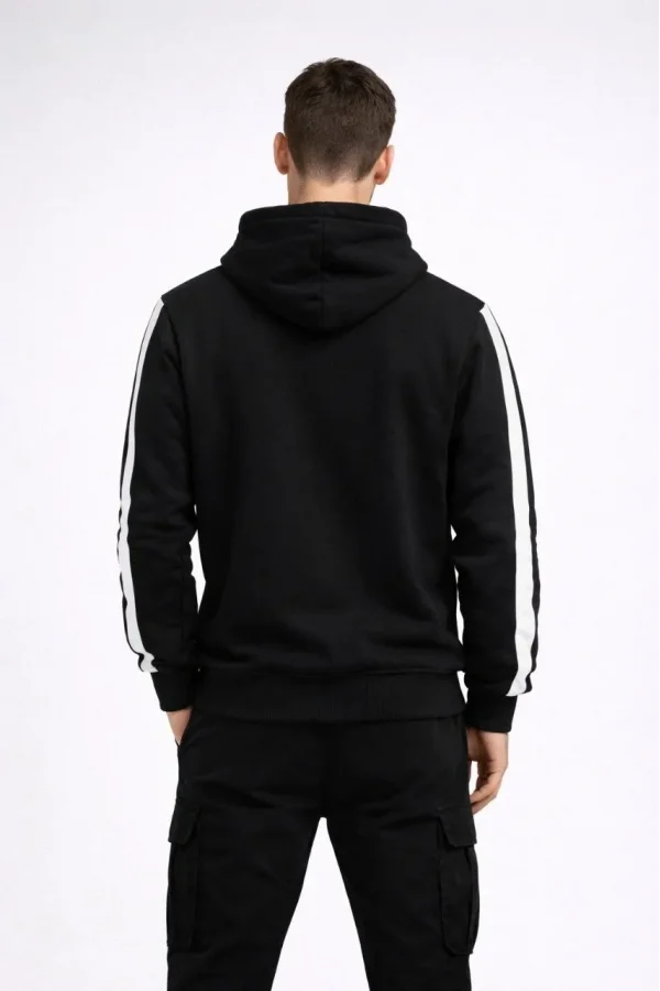 Erkek Şeritli Kapüşonlu Sweatshirt Oversize 3 iplik Pamuklu - Siyah