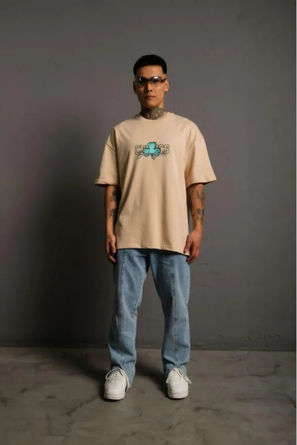 Erkek Sırt Baskılı T-shirt - Bej