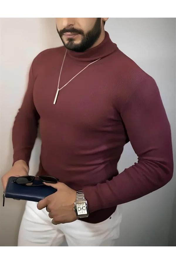 Erkek Tam Boğazlı Fitilli Kaşkorse Triko – Likralı, Extra Dar Kesim Slimfit, Yumuşak Kaşmir Dokulu Model - Bordo