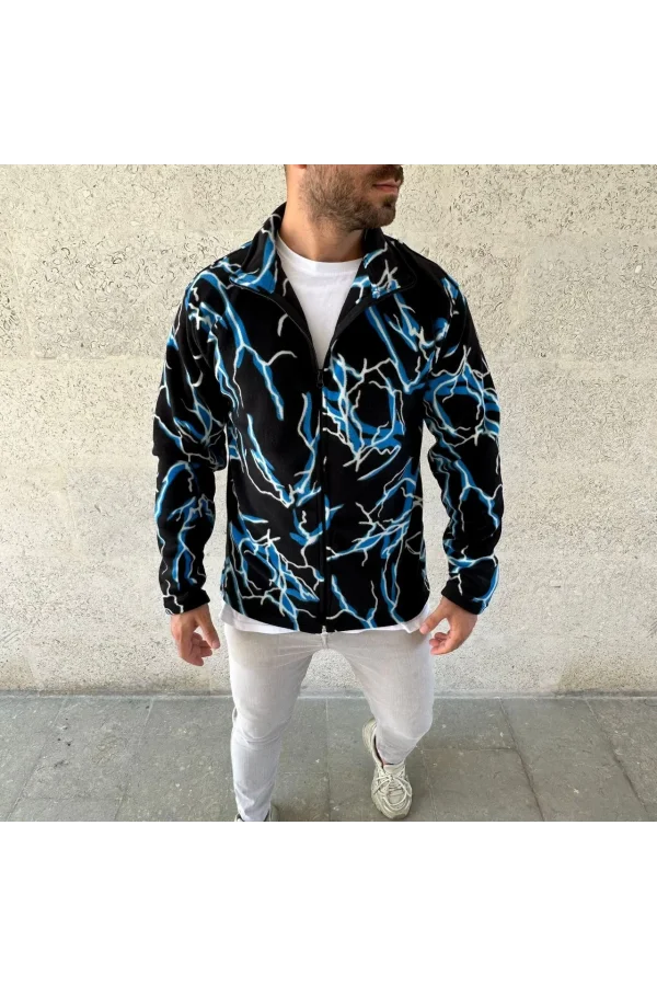 Erkek Tam Fermuarlı Desenli Polar Sweat Lightning Desen Yakalı, Uzun Kollu, Oversize Rahat Kalıp - Siyah