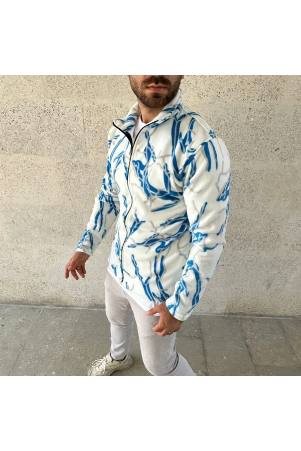 Erkek Tam Fermuarlı Desenli Polar Sweat  Lightning Desen Yakalı, Uzun Kollu, Oversize Rahat Kalıp - Beyaz