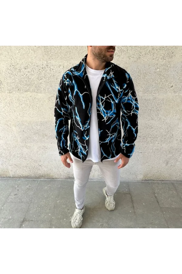 Erkek Tam Fermuarlı Desenli Polar Sweat Lightning Desen Yakalı, Uzun Kollu, Oversize Rahat Kalıp - Siyah