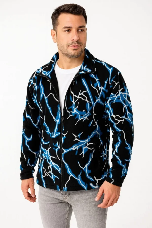 Erkek Tam Fermuarlı Desenli Polar Sweat Lightning Desen Yakalı, Uzun Kollu, Oversize Rahat Kalıp - Siyah