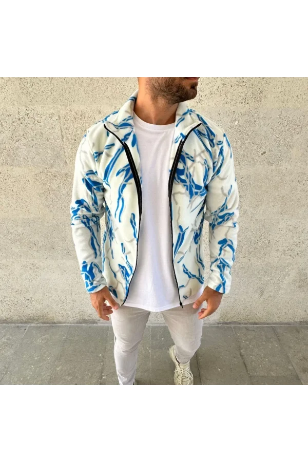 Erkek Tam Fermuarlı Desenli Polar Sweat  Lightning Desen Yakalı, Uzun Kollu, Oversize Rahat Kalıp - Beyaz