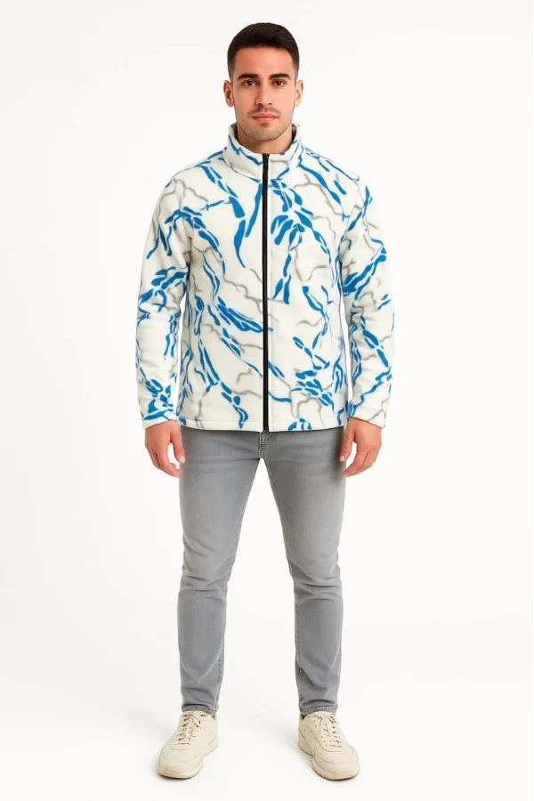Erkek Tam Fermuarlı Desenli Polar Sweat  Lightning Desen Yakalı, Uzun Kollu, Oversize Rahat Kalıp - Beyaz