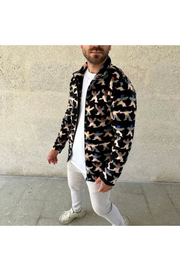 Erkek Tam Fermuarlı Desenli Polar Sweat – Siyah Multicolor Figür Desen Yakalı, Uzun Kollu, Oversize Rahat Kalıp- Siyah