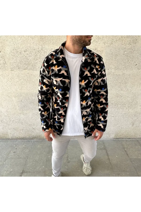 Erkek Tam Fermuarlı Desenli Polar Sweat – Siyah Multicolor Figür Desen Yakalı, Uzun Kollu, Oversize Rahat Kalıp- Siyah