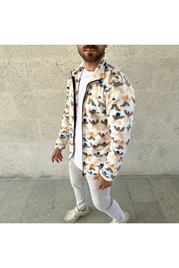 Erkek Tam Fermuarlı Desenli Polar Sweat – Siyah Multicolor Figür Desen Yakalı, Uzun Kollu, Oversize Rahat Kalıp- Beyaz