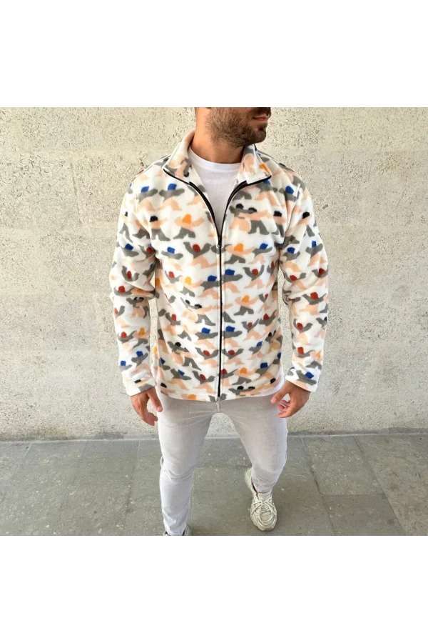 Erkek Tam Fermuarlı Desenli Polar Sweat – Siyah Multicolor Figür Desen Yakalı, Uzun Kollu, Oversize Rahat Kalıp- Beyaz