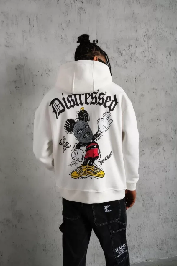 Erkek Üç İplik Baskılı Kapüşonlu Sweat - Beyaz