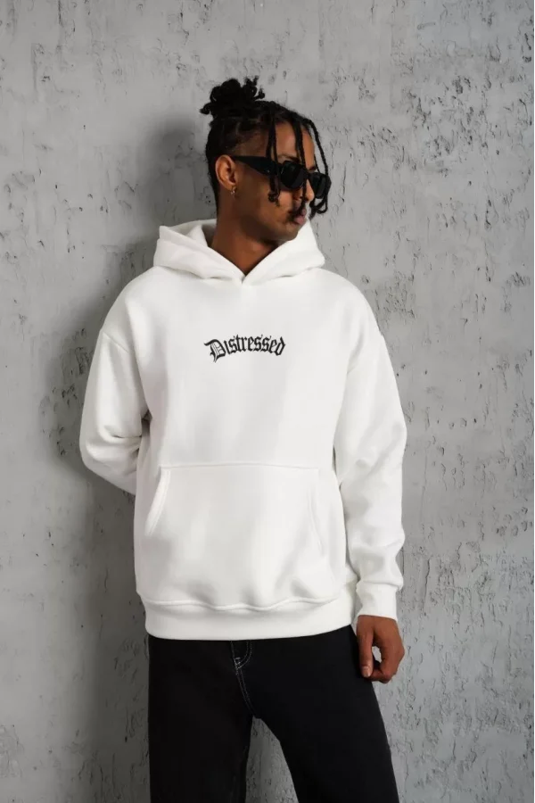 Erkek Üç İplik Baskılı Kapüşonlu Sweat - Beyaz