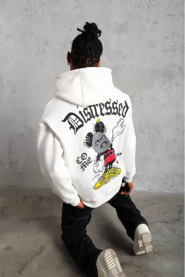 Erkek Üç İplik Baskılı Kapüşonlu Sweat - Beyaz