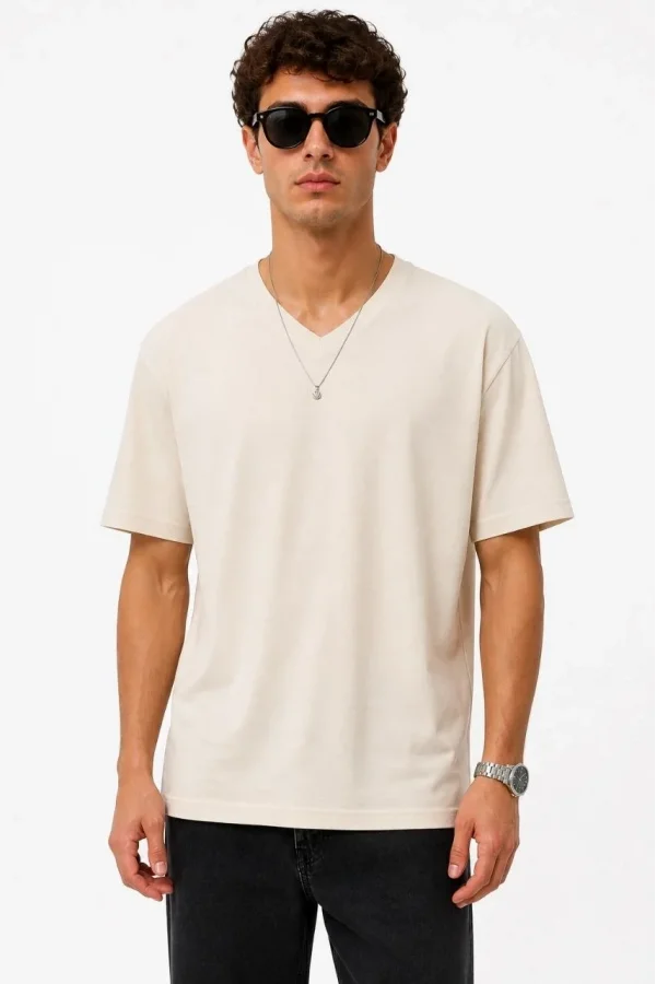 Erkek V Yaka Basic Tişört Kısa Kol Yazlık Regular Fit T-Shirt - Bej