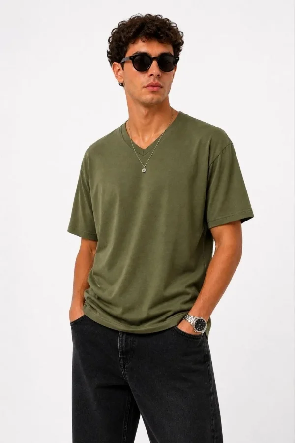 Erkek V Yaka Basic Tişört Kısa Kol Yazlık Regular Fit T-Shirt - Haki