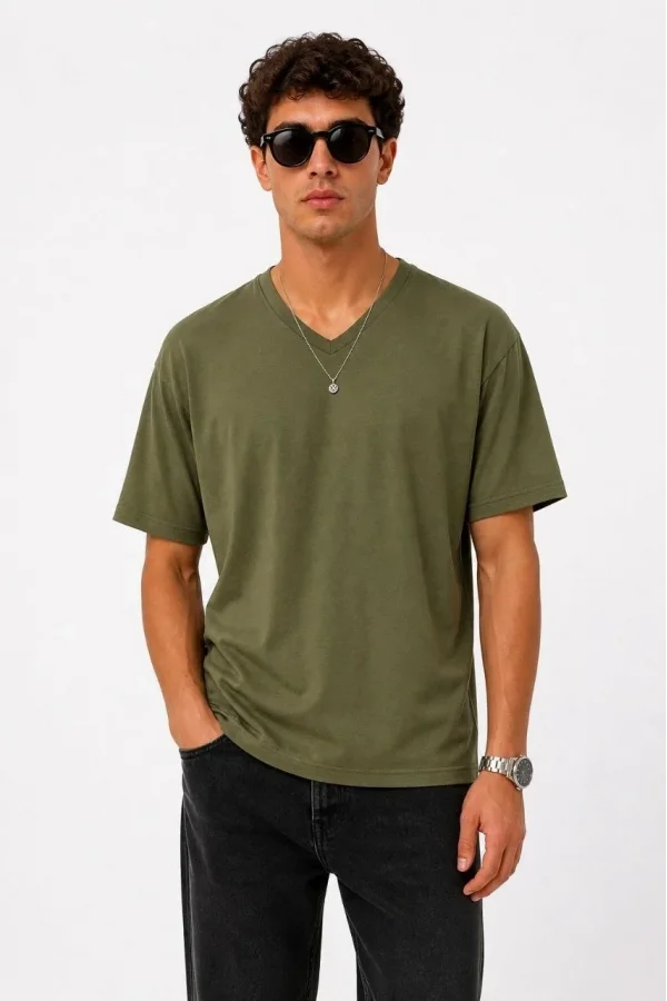 Erkek V Yaka Basic Tişört Kısa Kol Yazlık Regular Fit T-Shirt - Haki