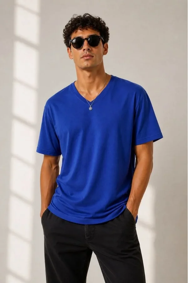 Erkek V Yaka Basic Tişört Kısa Kol Yazlık Regular Fit T-Shirt - Saks Mavisi
