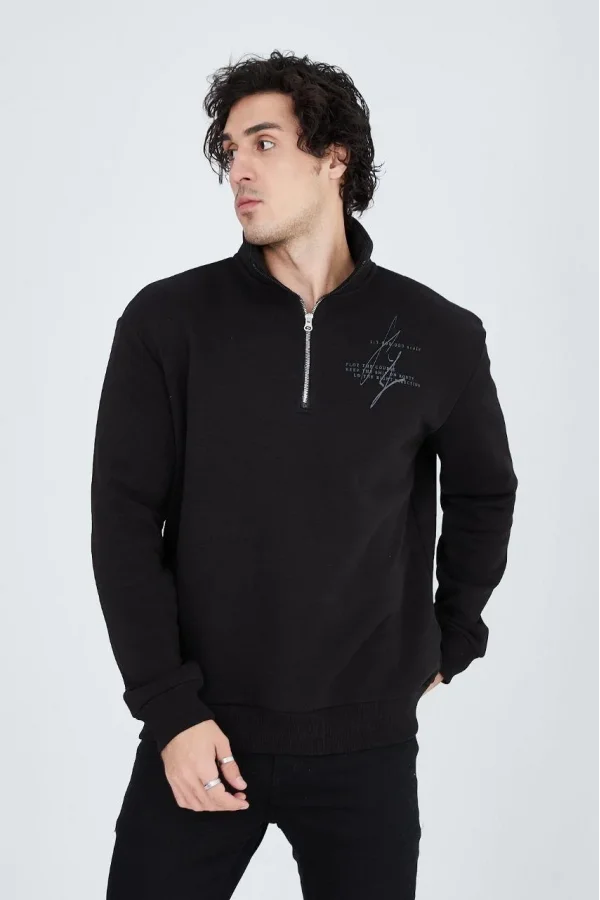 Erkek Yarım Fermuarlı Baskılı Sweat - Siyah
