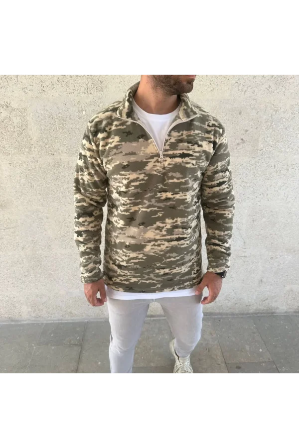 Erkek Yarım Fermuarlı Desenli Polar Sweat – Haki Kamuflaj Yakalı, Uzun Kollu, Oversize Rahat Kalıp - Haki
