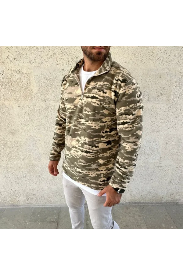 Erkek Yarım Fermuarlı Desenli Polar Sweat – Haki Kamuflaj Yakalı, Uzun Kollu, Oversize Rahat Kalıp - Haki