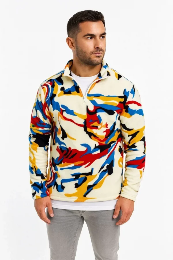 Erkek Yarım Fermuarlı Desenli Polar Sweat – Renkli Abstract Desen Yakalı, Uzun Kollu, Oversize Rahat Kalıp,  - Beyaz