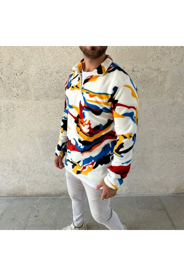 Erkek Yarım Fermuarlı Desenli Polar Sweat – Renkli Abstract Desen Yakalı, Uzun Kollu, Oversize Rahat Kalıp,  - Beyaz