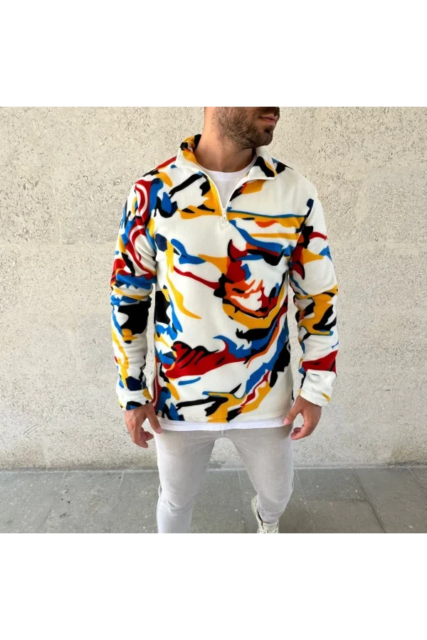 Erkek Yarım Fermuarlı Desenli Polar Sweat – Renkli Abstract Desen Yakalı, Uzun Kollu, Oversize Rahat Kalıp,  - Beyaz