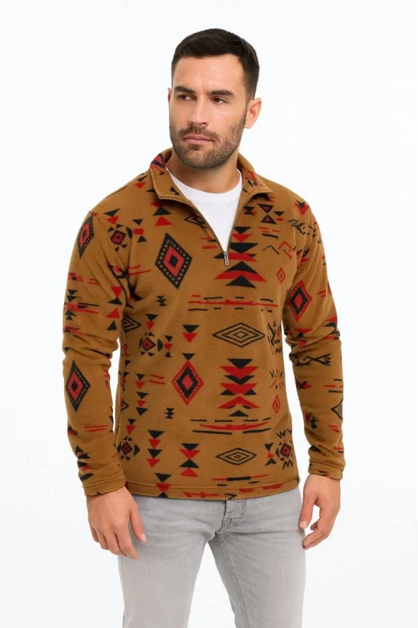 Erkek Yarım Fermuarlı Desenli Polar Sweat Tribal Etnik Desen Yakalı, Uzun Kollu, Oversize Rahat Kalıp, - Kahverengi