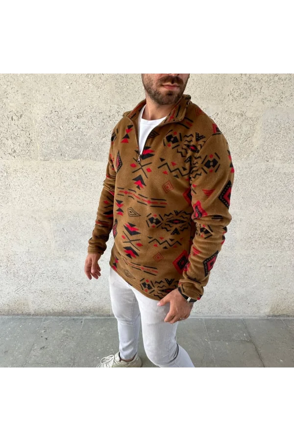 Erkek Yarım Fermuarlı Desenli Polar Sweat Tribal Etnik Desen Yakalı, Uzun Kollu, Oversize Rahat Kalıp, - Kahverengi