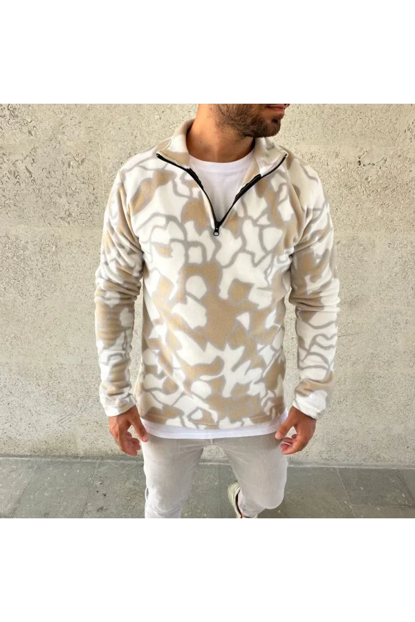 Erkek Yarım Fermuarlı Desenli Polar Sweat Yakalı, Uzun Kollu, Oversize Rahat Kalıp - Bej