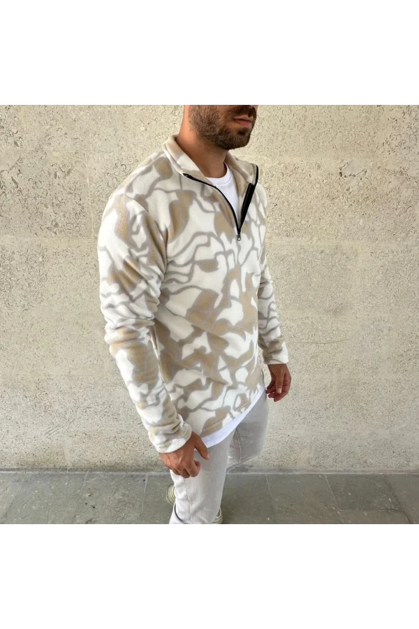Erkek Yarım Fermuarlı Desenli Polar Sweat Yakalı, Uzun Kollu, Oversize Rahat Kalıp - Bej