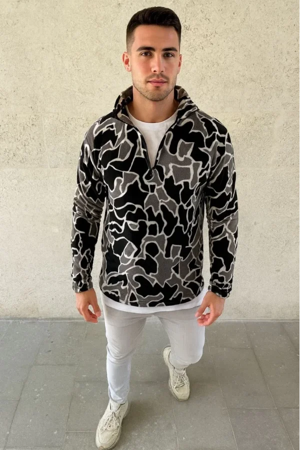 Erkek Yarım Fermuarlı Desenli Polar Sweat Yakalı, Uzun Kollu, Oversize Rahat Kalıp - Siyah