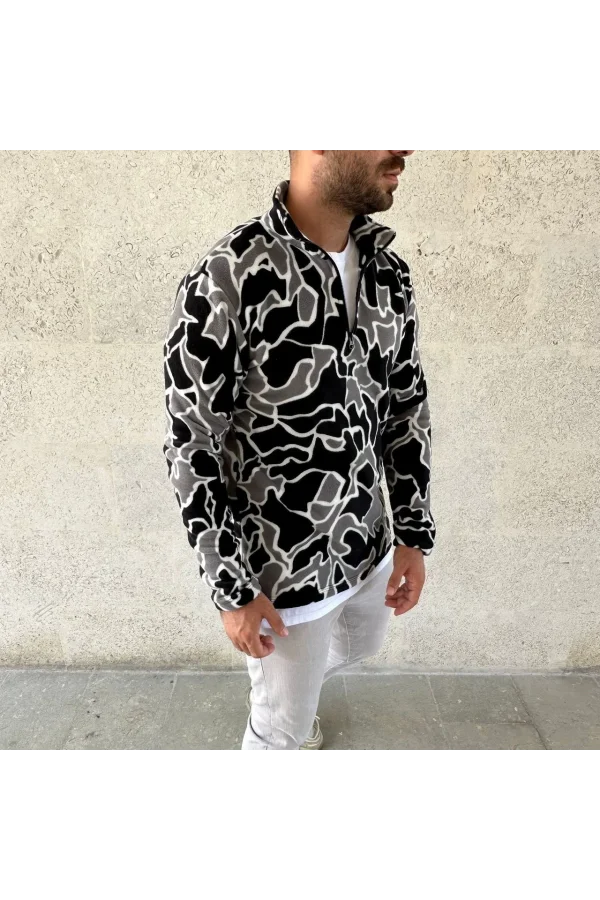 Erkek Yarım Fermuarlı Desenli Polar Sweat Yakalı, Uzun Kollu, Oversize Rahat Kalıp - Siyah