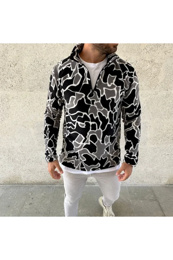 Erkek Yarım Fermuarlı Desenli Polar Sweat Yakalı, Uzun Kollu, Oversize Rahat Kalıp - Siyah