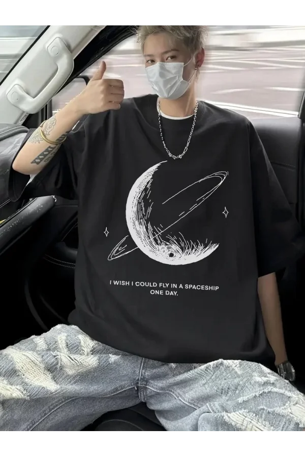 Erkekler için Siyah Tişört Grafik Genç Emo Vintage Gotik Rahat Büyük Beden Kısa Kollu Tişört Giysi Üst- Siyah