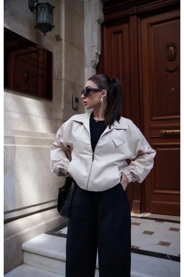 Fermuarlı Gömlek Yaka Bomber Ceket - Beyaz