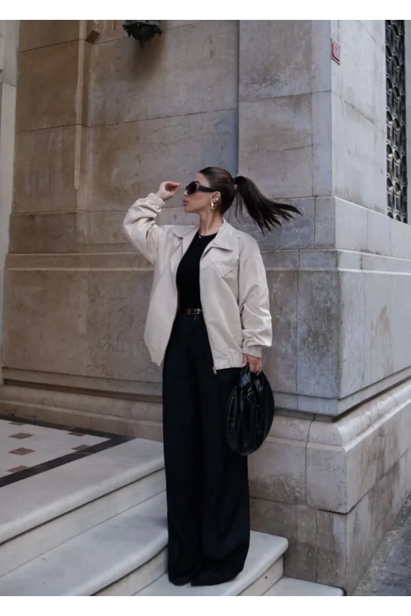 Fermuarlı Gömlek Yaka Bomber Ceket - Beyaz