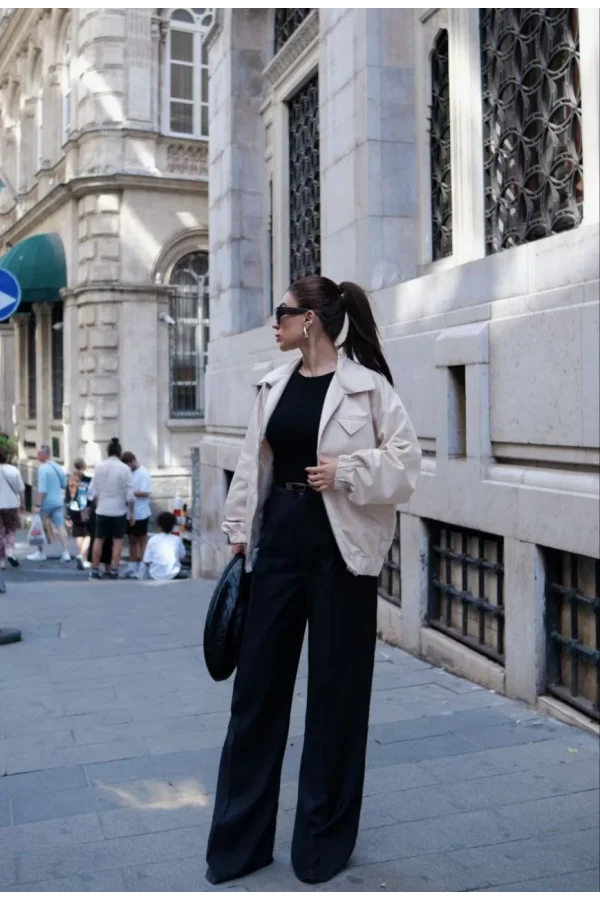 Fermuarlı Gömlek Yaka Bomber Ceket - Beyaz