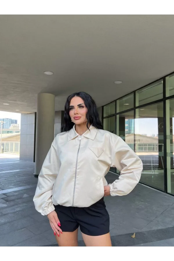 Fermuarlı Gömlek Yaka Bomber Ceket - Beyaz