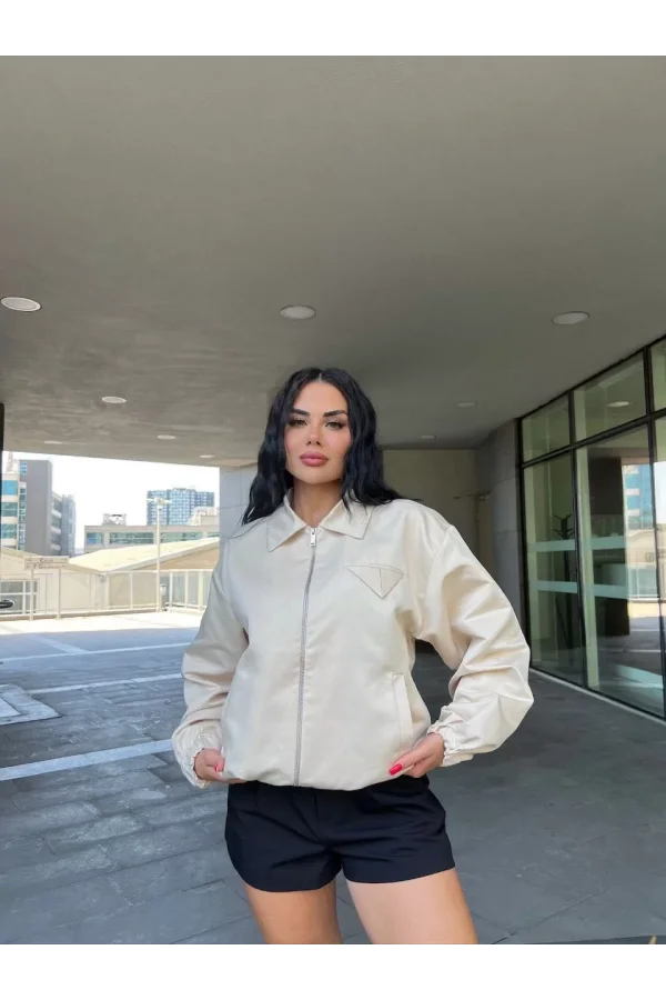 Fermuarlı Gömlek Yaka Bomber Ceket - Beyaz
